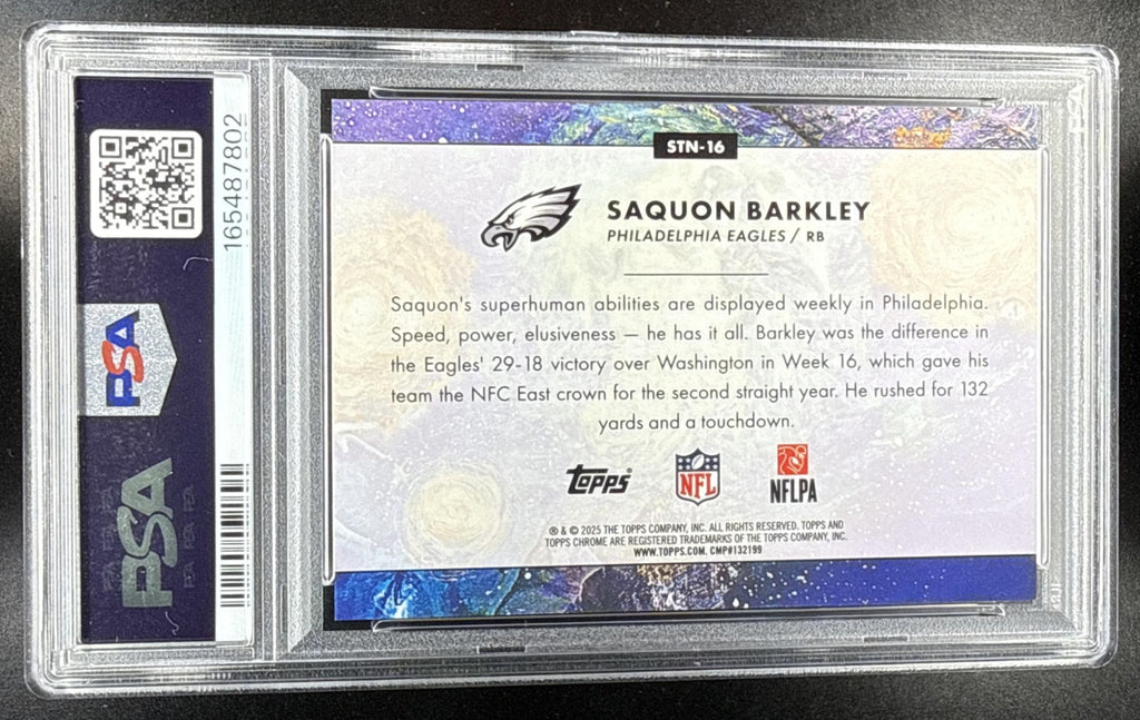 2025 Topps Cosmic Chrome Saquon Barkley #STN-16 Stars in the Night Gold Interstellar Refractor /50 PSA 9