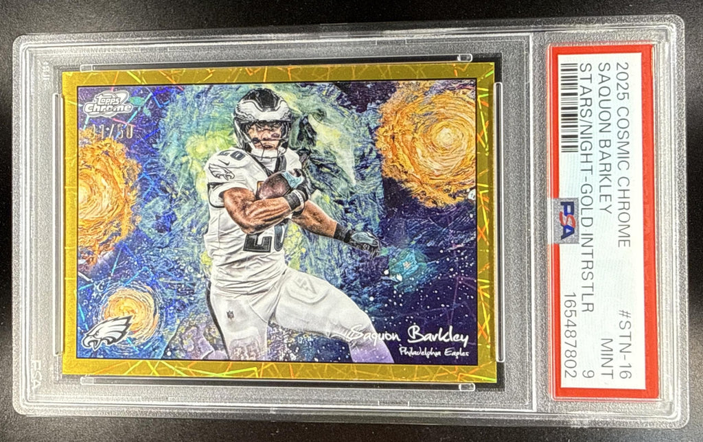 2025 Topps Cosmic Chrome Saquon Barkley #STN-16 Stars in the Night Gold Interstellar Refractor /50 PSA 9