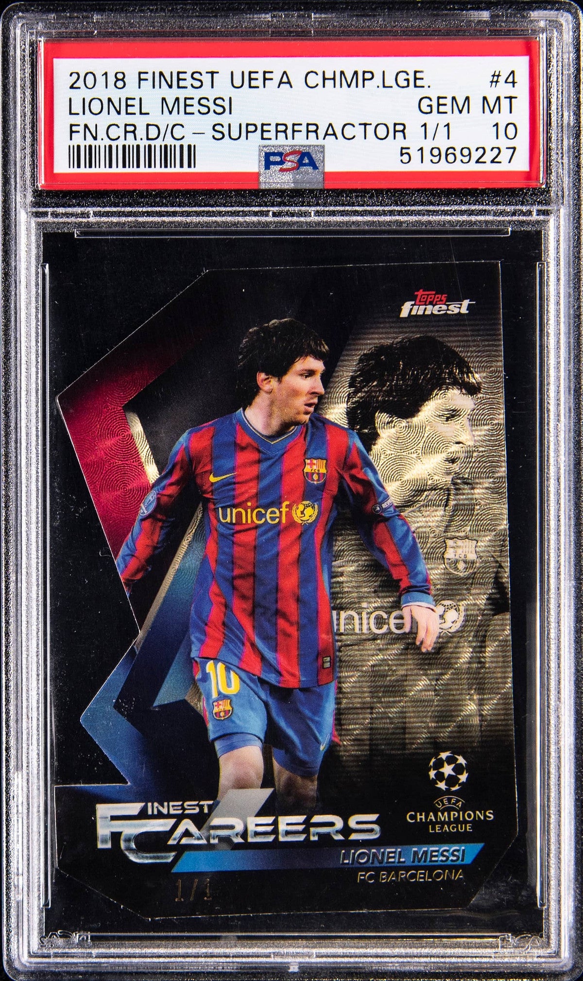 lionel messi 2018 topps finest UCL superfractor 1/1 PSA 10