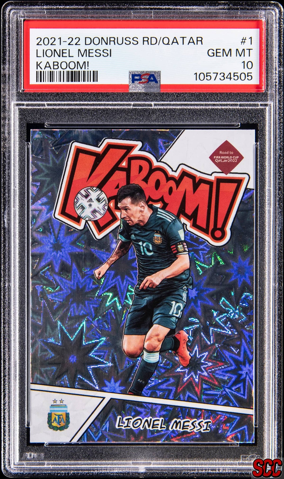 lionel messi 2021 donruss road to qatar kaboom PSA 10