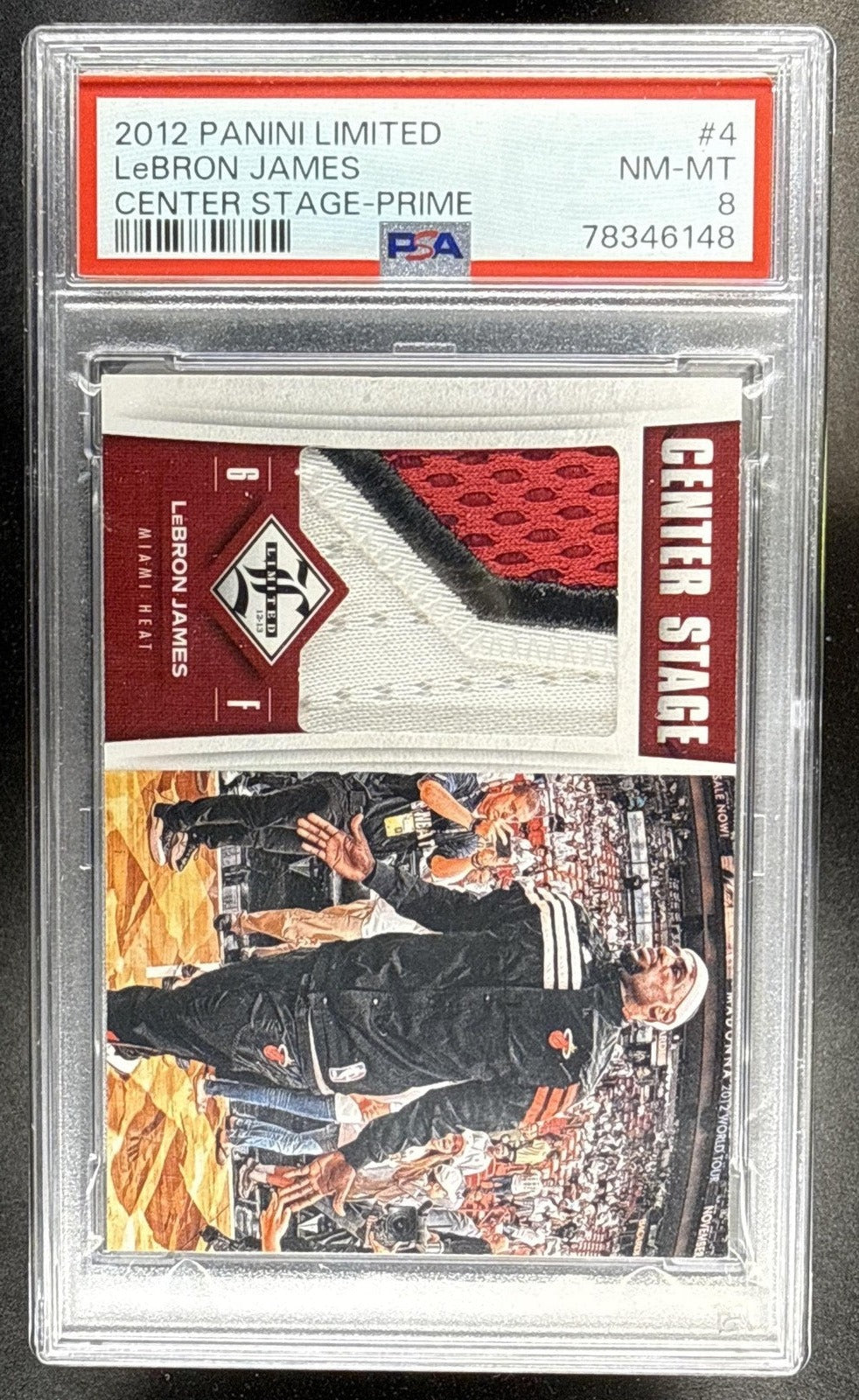 2012 PANINI LIMITED LEBRON JAMES #4 CENTER STAGE MATERIALS PRIME /9 PSA 8