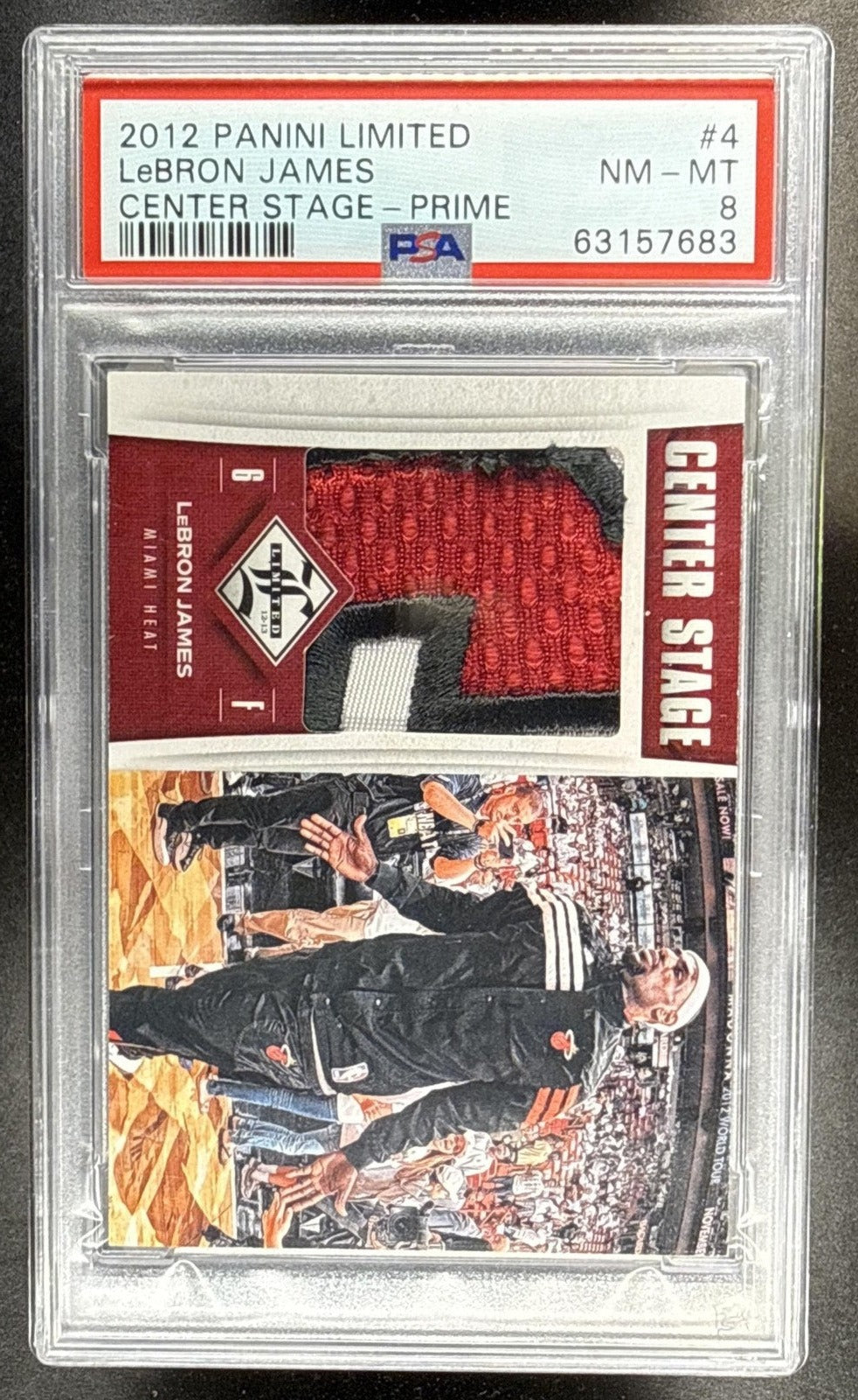 2012-13 PANINI LIMITED LEBRON JAMES #4 CENTER STAGE MATERIALS PRIME 8/9 HEAT PSA