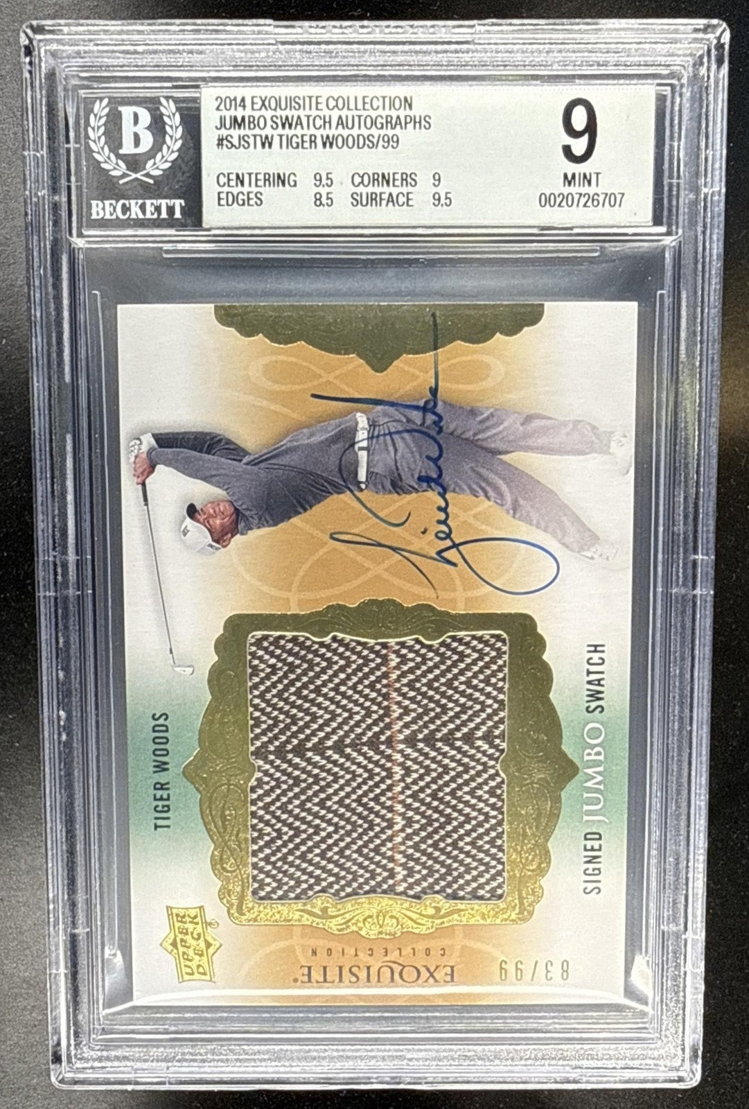 2014 UPPER DECK EXQUISITE TIGER WOODS #SJS-TW SWATCH /99 PATCH AUTO BGS 9