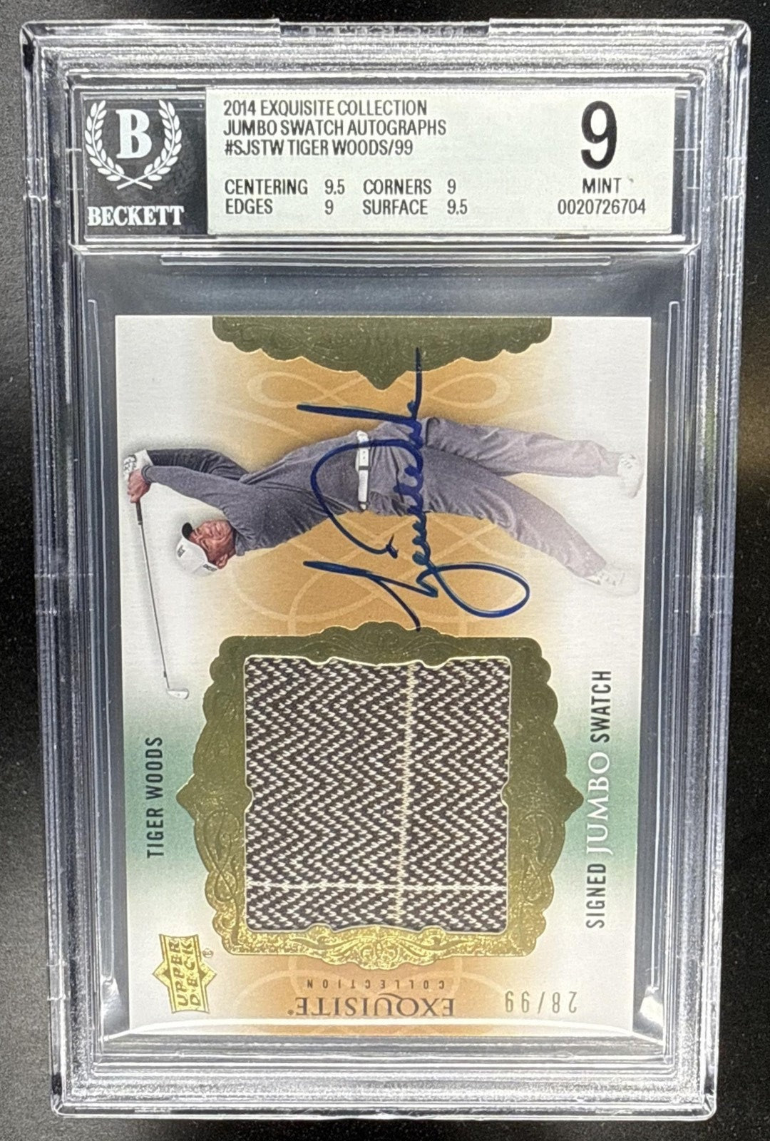 2014 UPPER DECK EXQUISITE TIGER WOODS #SJS-TW SIGNED JUMBO /99 PATCH AUTO BGS 9