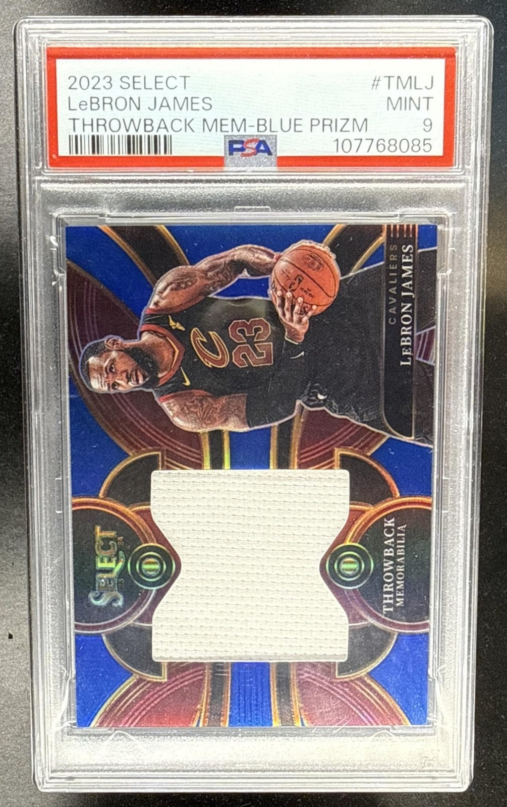 2023 PANINI SELECT LEBRON JAMES #TM-LJ THROWBACK BLUE PRIZMS /75 PATCH PSA 9