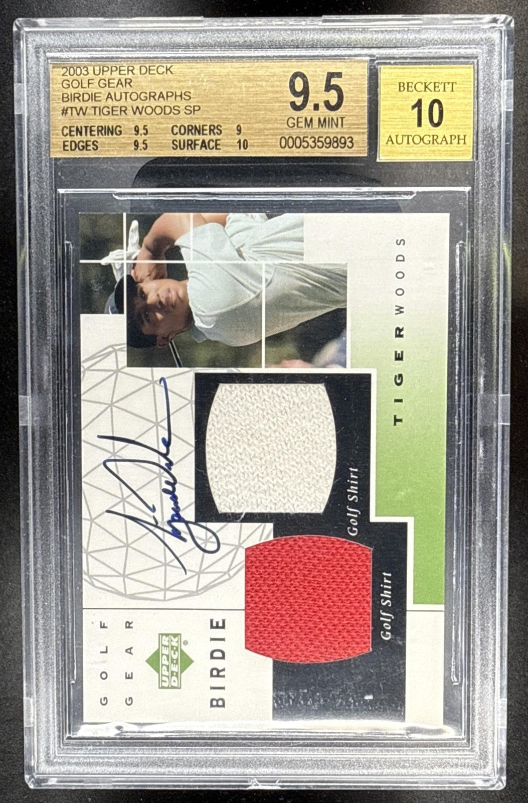 2003 UPPER DECK TIGER WOODS #GB-TW GOLF GEAR BIRDIE AUTO PATCH BGS 9.5