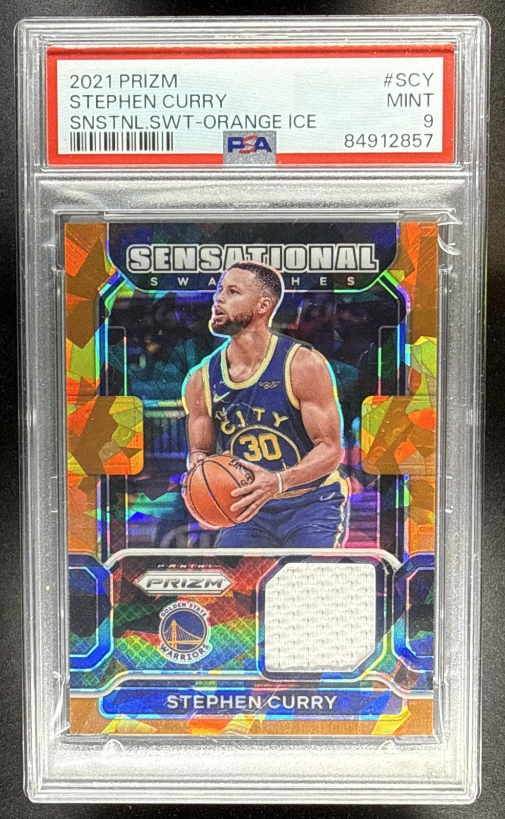 2021 PANINI PRIZM STEPHEN CURRY #SW-SCY SWATCHES PRIZMS ORANGE ICE PSA 9