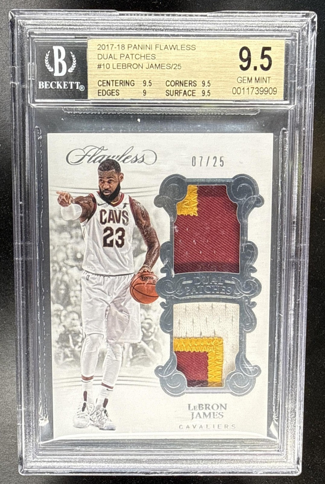 2017-18 PANINI FLAWLESS LEBRON JAMES #DP-LBJ DUAL PATCHES 7/25 CAVALIERS BGS 9.5