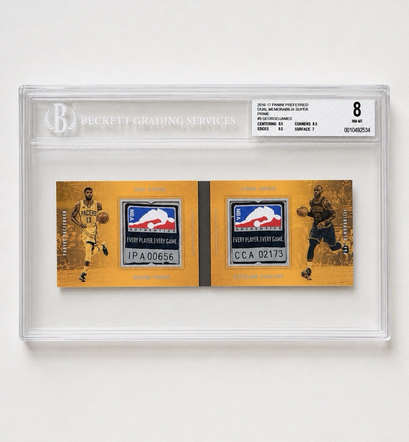 2016 PANINI PREFERRED #9 LEBRON JAMES PAUL GEORGE DUAL 1/1 TAG GU PATCH BGS 8