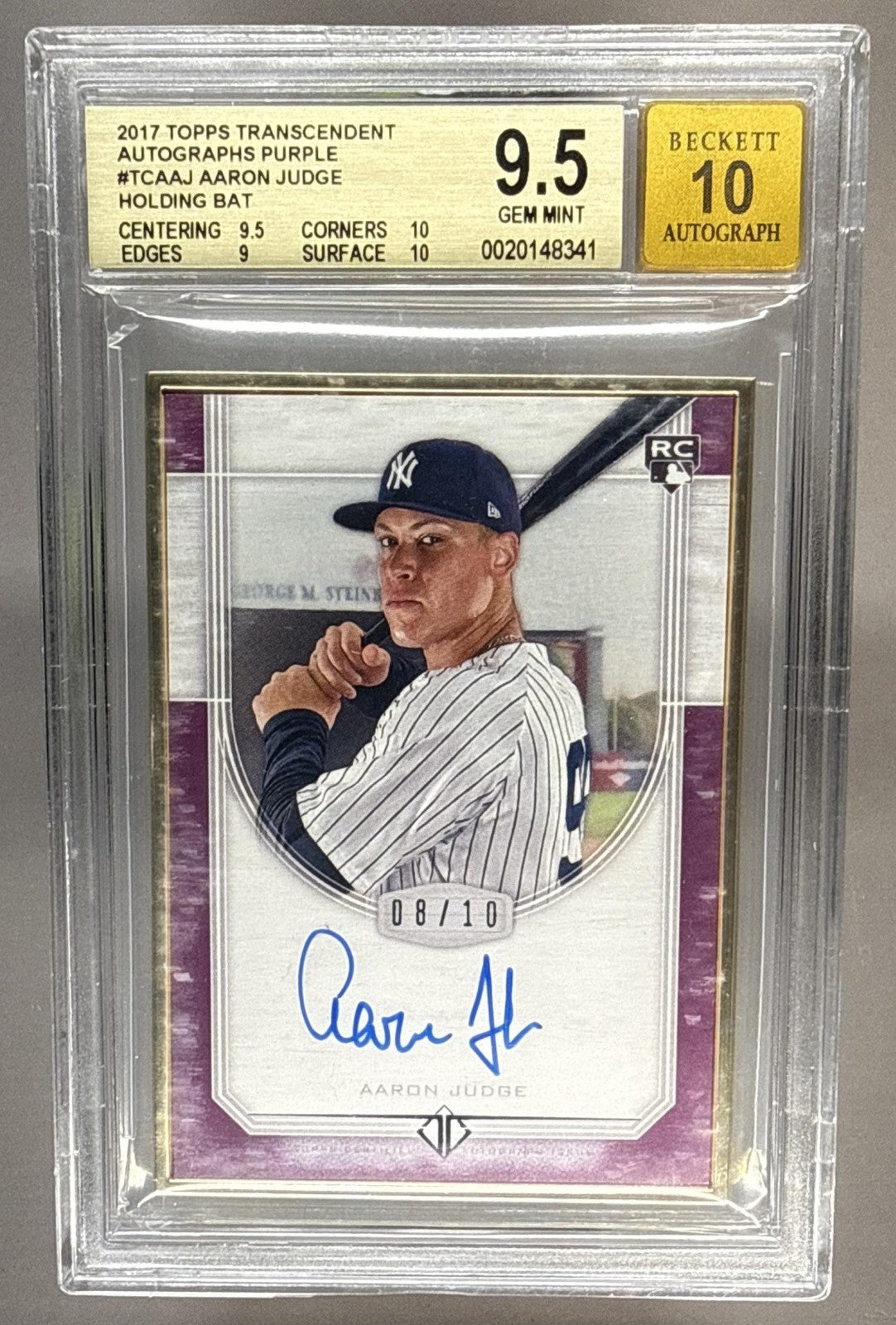 2017 TOPPS TRANSCENDENT AARON JUDGE #TCA-AJ FRAMED AUTO PURPLE /10 BGS 9.5 RC