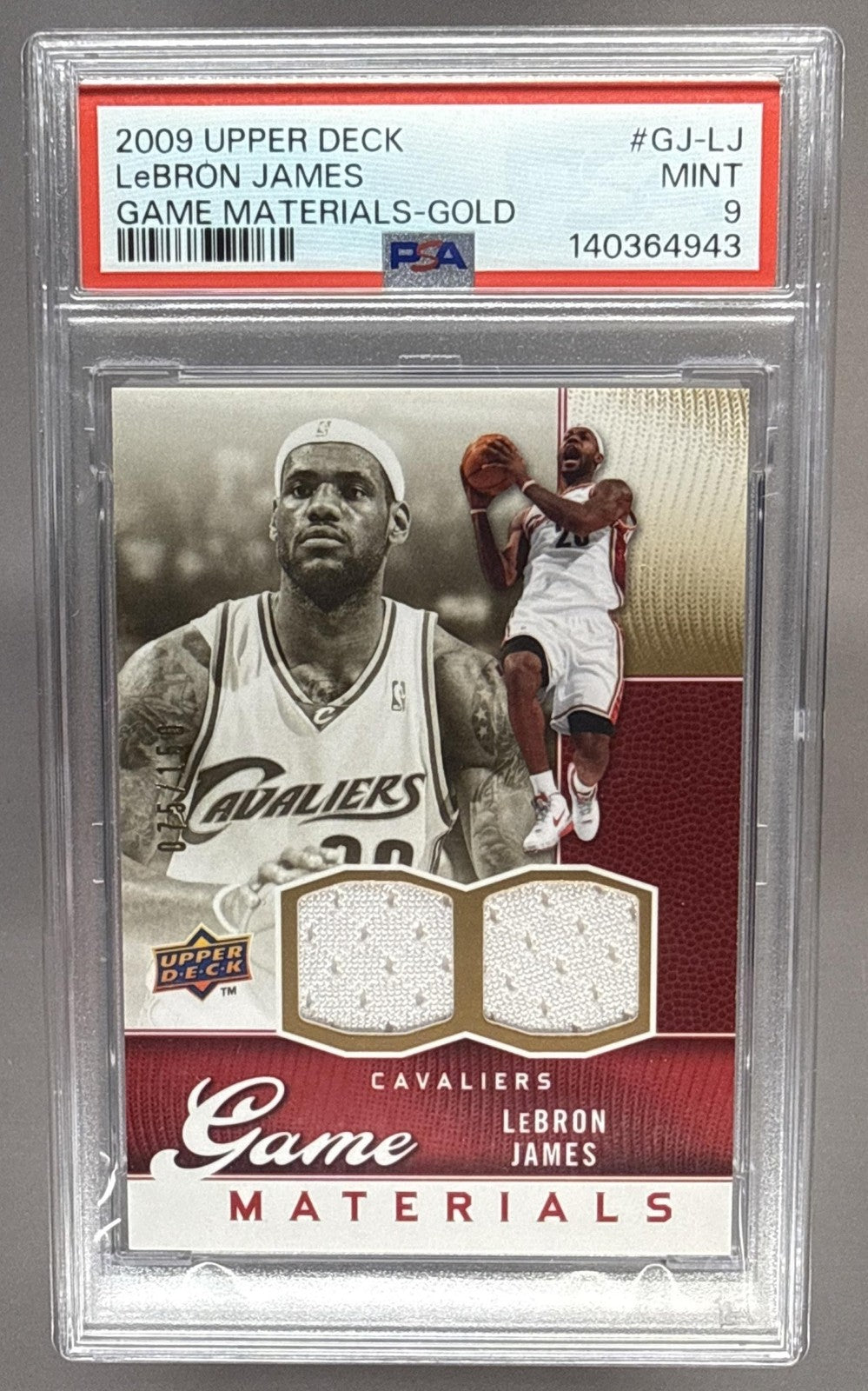 2009-10 UPPER DECK LEBRON JAMES #GJ-LJ GAME MATERIALS GOLD /150 CAVALIERS PSA 9