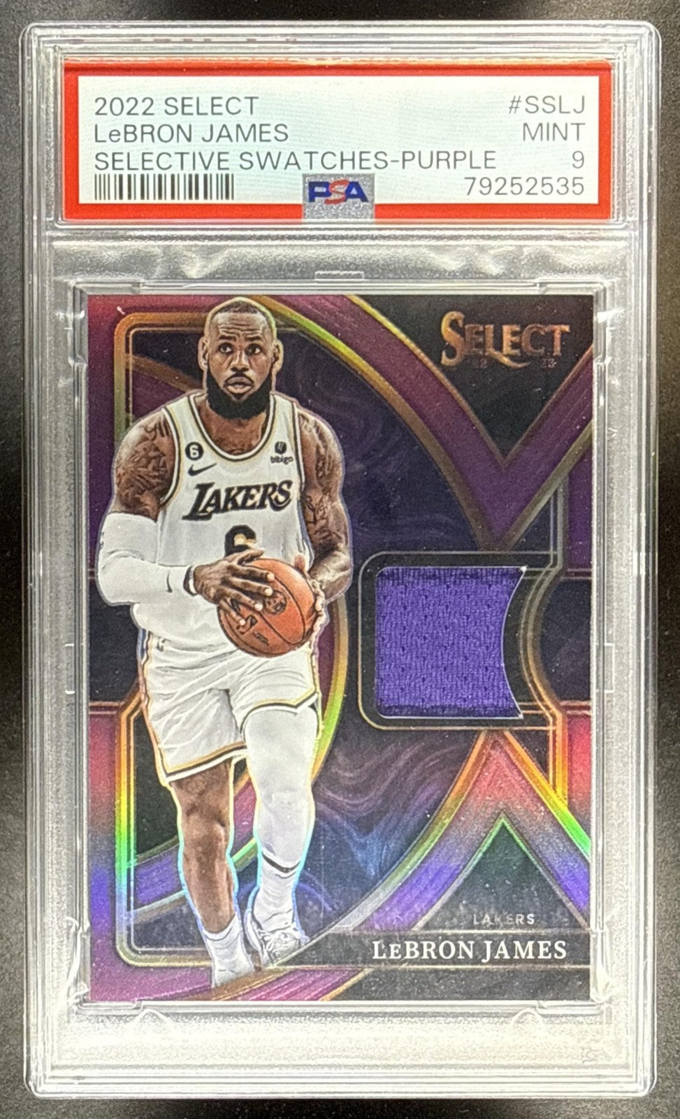 2022 PANINI SELECT LEBRON JAMES #SS-LJ SWATCHES PURPLE PRIZMS /99 PATCH PSA 9