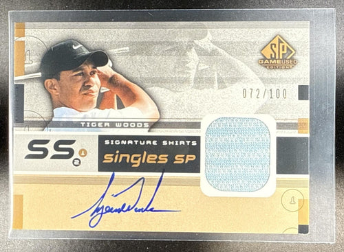 2003 SP GAME USED TIGER WOODS #F9SP-TW SIGNATURE SHIRTS SINGLES PATCH AUTO