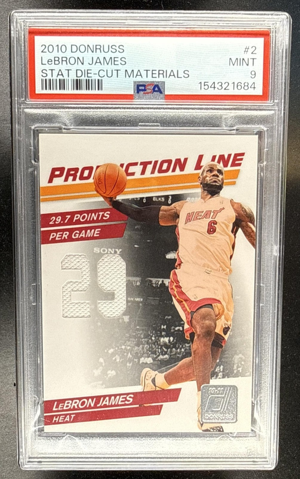 2010 PANINI DONRUSS LEBRON JAMES #85 PRODUCTION LINE MATERIALS /399 PSA 9