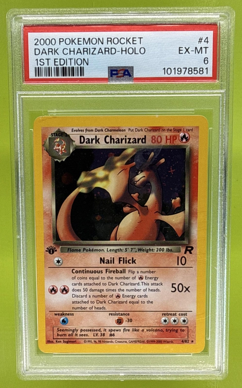 2000 POKEMON TEAM ROCKET FIRST EDITION DARK CHARIZARD #4/82 HOLO PSA 6