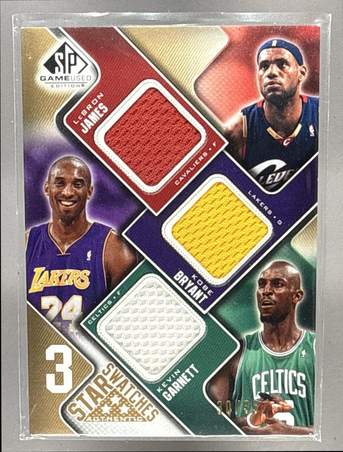 2009 SP GAME USED LEBRON JAMES KOBE BRYANT GARNETT 3 STAR SWATCHES /35