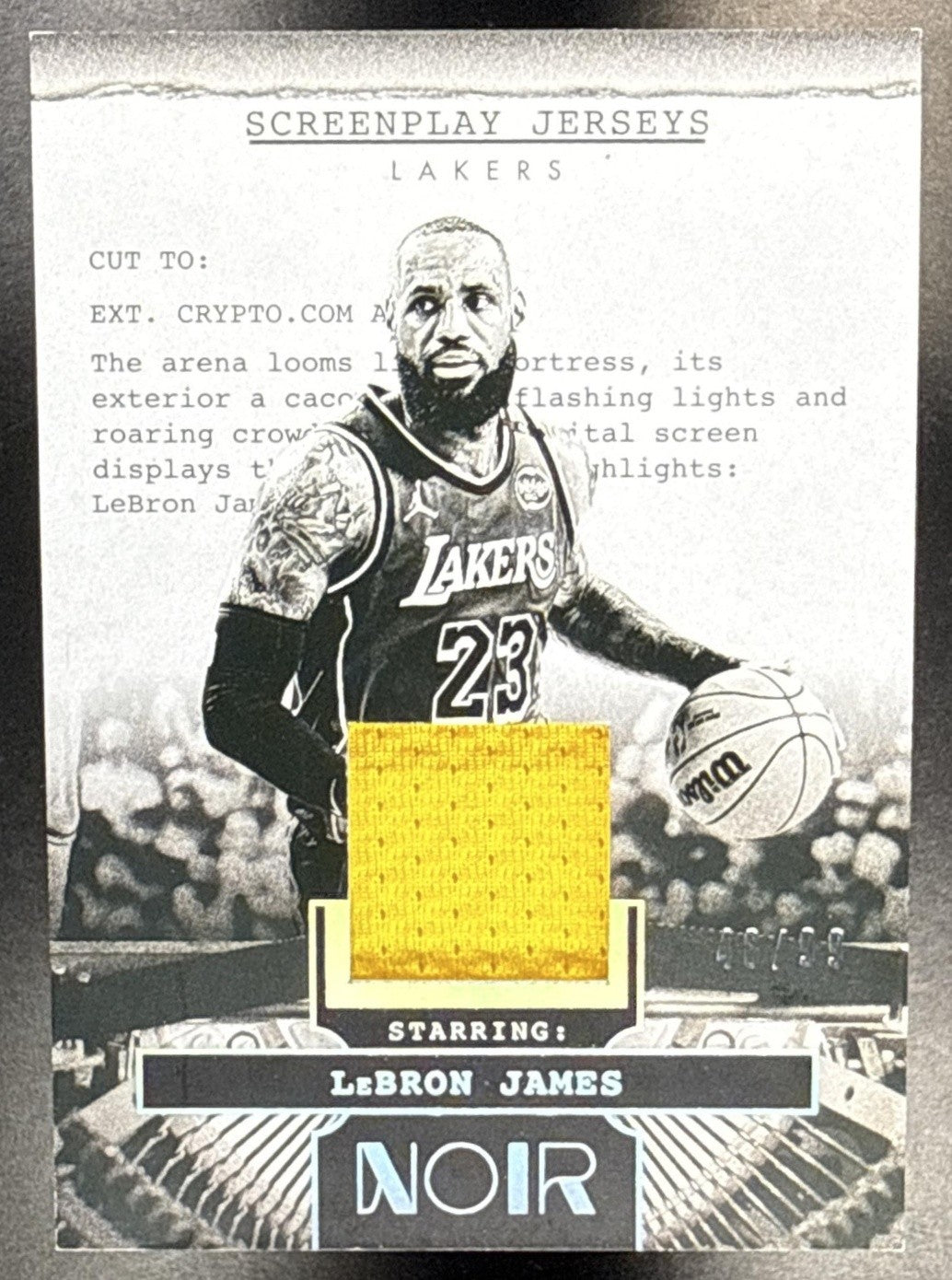 2023-24 PANINI NOIR LEBRON JAMES #SJ-LBJ SCREENPLAY JERSEYS 46/99 PATCH LAKERS