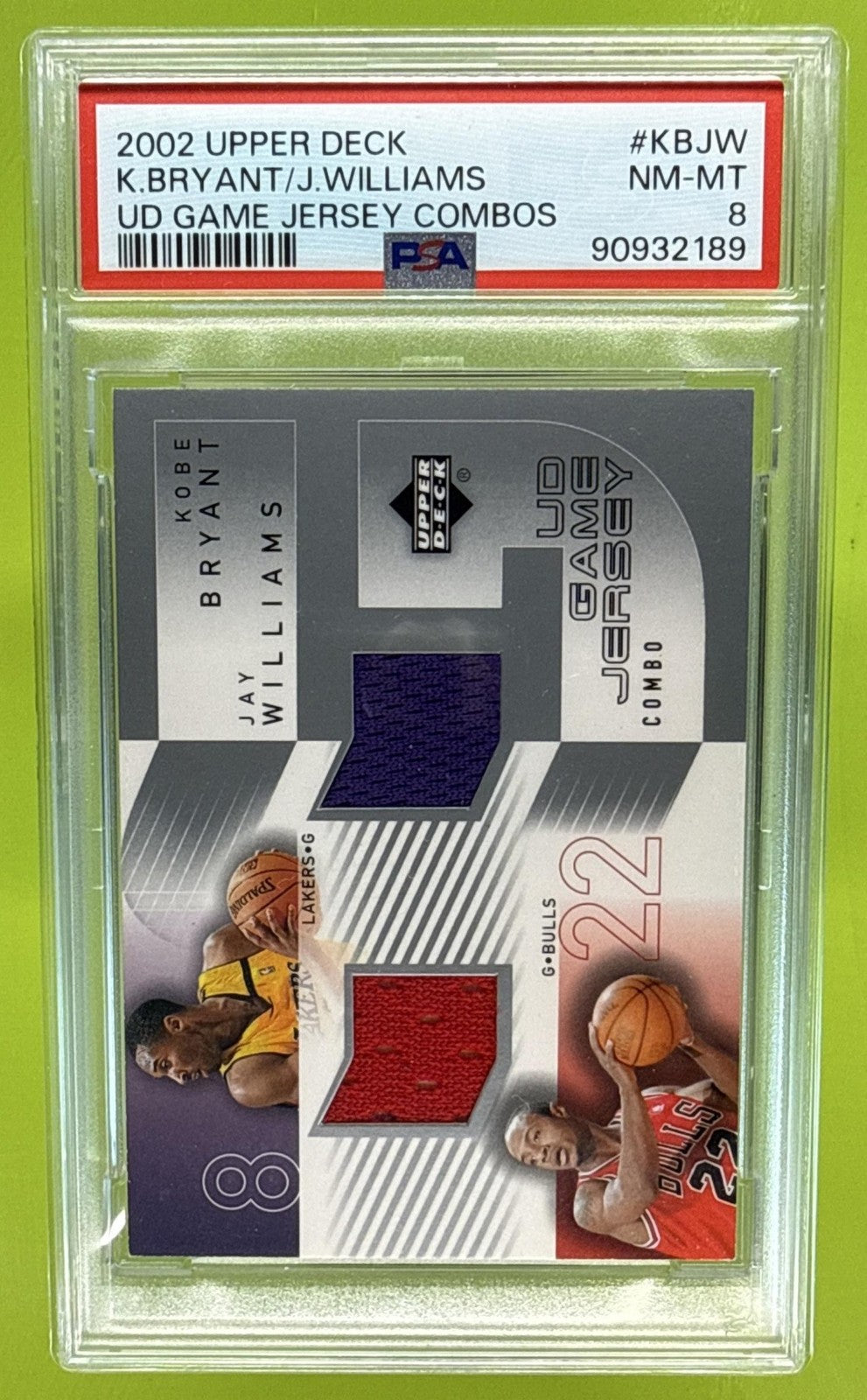 2002 UPPER DECK KOBE BRYANT JAY WILLIAMS #KB/JW UD GAME JERSEY COMBOS PSA 8